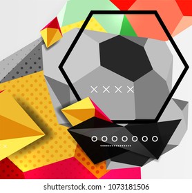 Color 3d geometric composition poster. Vector illustration of colorful triangles, pyramids, hexagons and other shapes on grey background