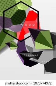 Color 3d geometric composition poster. Vector illustration of colorful triangles, pyramids, hexagons and other shapes on grey background