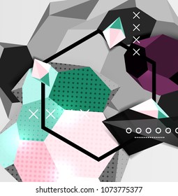Color 3d geometric composition poster. Vector illustration of colorful triangles, pyramids, hexagons and other shapes on grey background