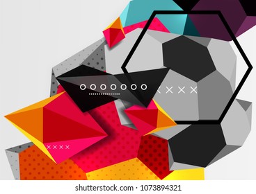Color 3d geometric composition poster. Vector illustration of colorful triangles, pyramids, hexagons and other shapes on grey background