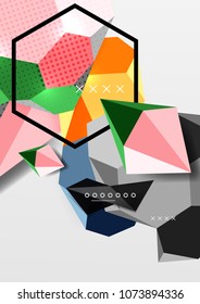 Cartaz de composição geométrica 3d colorido. Ilustração vetorial de triângulos coloridos, pirâmides, hexágonos e outras formas sobre fundo cinza
