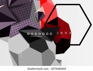 Color 3d geometric composition poster. Vector illustration of colorful triangles, pyramids, hexagons and other shapes on grey background