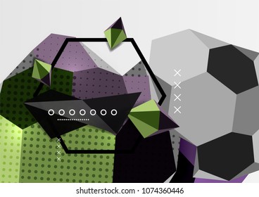 Color 3d geometric composition poster. Vector illustration of colorful triangles, pyramids, hexagons and other shapes on grey background