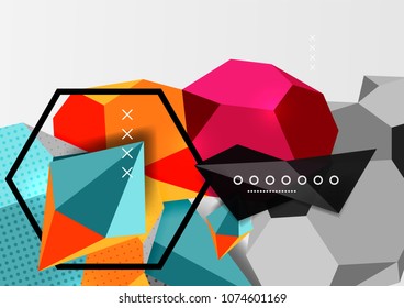 Color 3d geometric composition poster. Vector illustration of colorful triangles, pyramids, hexagons and other shapes on grey background