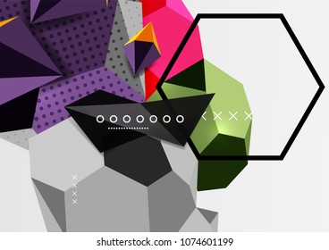 Color 3d geometric composition poster. Vector illustration of colorful triangles, pyramids, hexagons and other shapes on grey background