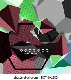 Farbe 3D geometrisches Kompositionsposter. Vektorgrafik von bunten Dreiecken, Pyramiden, Hexagons und anderen Formen auf grauem Hintergrund