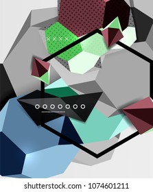 Color 3d geometric composition poster. Vector illustration of colorful triangles, pyramids, hexagons and other shapes on grey background