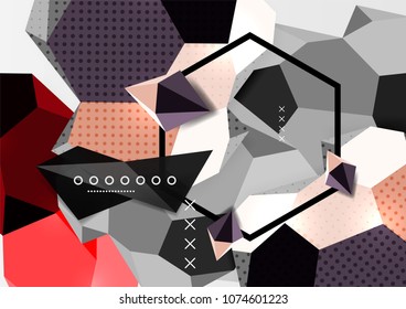 Farbe 3D geometrisches Kompositionsposter. Vektorgrafik von bunten Dreiecken, Pyramiden, Hexagons und anderen Formen auf grauem Hintergrund
