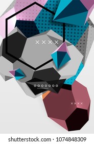 Cartel de composición geométrica en 3d de color. Ilustración vectorial de triángulos coloridos, pirámides, hexagones y otras formas sobre fondo gris
