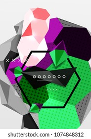 Color 3d geometric composition poster. Vector illustration of colorful triangles, pyramids, hexagons and other shapes on grey background