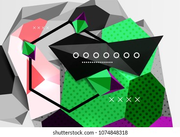 Color 3d geometric composition poster. Vector illustration of colorful triangles, pyramids, hexagons and other shapes on grey background