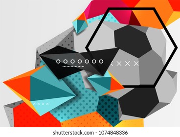 Color 3d geometric composition poster. Vector illustration of colorful triangles, pyramids, hexagons and other shapes on grey background