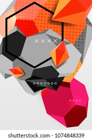 Color 3d geometric composition poster. Vector illustration of colorful triangles, pyramids, hexagons and other shapes on grey background