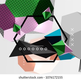 Color 3d geometric composition poster. Vector illustration of colorful triangles, pyramids, hexagons and other shapes on grey background