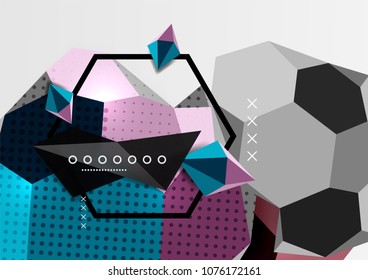 Cartel de composición geométrica en 3d de color. Ilustración vectorial de triángulos coloridos, pirámides, hexagones y otras formas sobre fondo gris