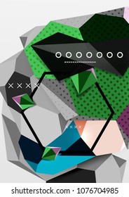 Cartel de composición geométrica en 3d de color. Ilustración vectorial de triángulos coloridos, pirámides, hexagones y otras formas sobre fondo gris