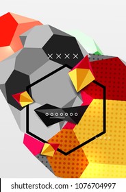 Color 3d geometric composition poster. Vector illustration of colorful triangles, pyramids, hexagons and other shapes on grey background