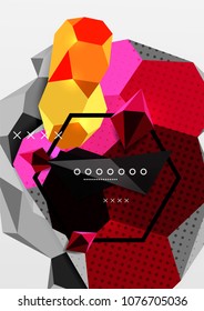 Color 3d geometric composition poster. Vector illustration of colorful triangles, pyramids, hexagons and other shapes on grey background