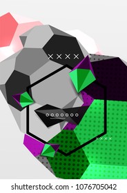 Cartel de composición geométrica en 3d de color. Ilustración vectorial de triángulos coloridos, pirámides, hexagones y otras formas sobre fondo gris