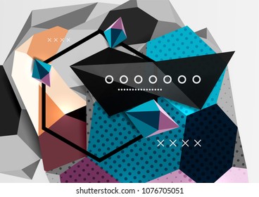 Color 3d geometric composition poster. Vector illustration of colorful triangles, pyramids, hexagons and other shapes on grey background