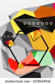 Cartel de composición geométrica en 3d de color. Ilustración vectorial de triángulos coloridos, pirámides, hexagones y otras formas sobre fondo gris