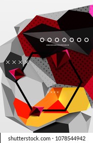 Color 3d geometric composition poster. Vector illustration of colorful triangles, pyramids, hexagons and other shapes on grey background