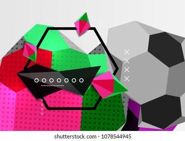 Color 3d geometric composition poster. Vector illustration of colorful triangles, pyramids, hexagons and other shapes on grey background