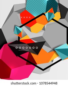 Color 3d geometric composition poster. Vector illustration of colorful triangles, pyramids, hexagons and other shapes on grey background