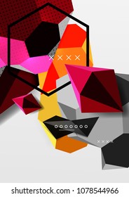 Color 3d geometric composition poster. Vector illustration of colorful triangles, pyramids, hexagons and other shapes on grey background