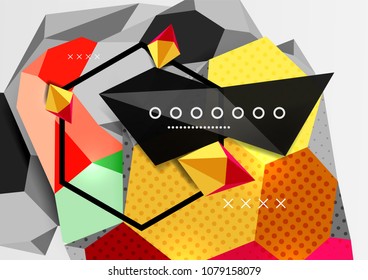 Cartel de composición geométrica en 3d de color. Ilustración vectorial de triángulos coloridos, pirámides, hexagones y otras formas sobre fondo gris