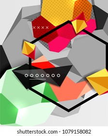 Color 3d geometric composition poster. Vector illustration of colorful triangles, pyramids, hexagons and other shapes on grey background