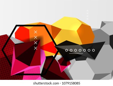 Color 3d geometric composition poster. Vector illustration of colorful triangles, pyramids, hexagons and other shapes on grey background