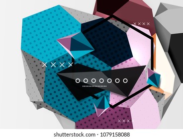 Color 3d geometric composition poster. Vector illustration of colorful triangles, pyramids, hexagons and other shapes on grey background