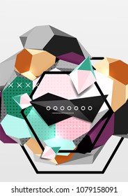 Color 3d geometric composition poster. Vector illustration of colorful triangles, pyramids, hexagons and other shapes on grey background