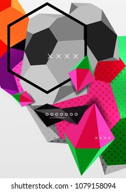 Color 3d geometric composition poster. Vector illustration of colorful triangles, pyramids, hexagons and other shapes on grey background