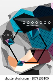 Color 3d geometric composition poster. Vector illustration of colorful triangles, pyramids, hexagons and other shapes on grey background