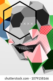 Color 3d geometric composition poster. Vector illustration of colorful triangles, pyramids, hexagons and other shapes on grey background