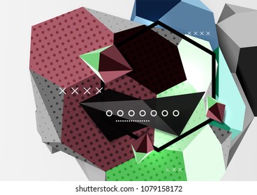 Cartaz de composição geométrica 3d colorido. Ilustração vetorial de triângulos coloridos, pirâmides, hexágonos e outras formas sobre fundo cinza