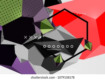 Color 3d geometric composition poster. Vector illustration of colorful triangles, pyramids, hexagons and other shapes on grey background