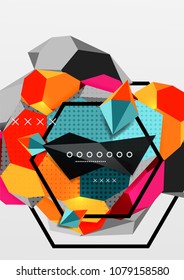 Cartel de composición geométrica en 3d de color. Ilustración vectorial de triángulos coloridos, pirámides, hexagones y otras formas sobre fondo gris
