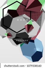 Color 3d geometric composition poster. Vector illustration of colorful triangles, pyramids, hexagons and other shapes on grey background