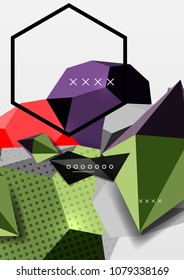 Farbe 3D geometrisches Kompositionsposter. Vektorgrafik von bunten Dreiecken, Pyramiden, Hexagons und anderen Formen auf grauem Hintergrund