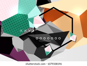 Cartel de composición geométrica en 3d de color. Ilustración vectorial de triángulos coloridos, pirámides, hexagones y otras formas sobre fondo gris