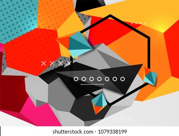 Cartel de composición geométrica en 3d de color. Ilustración vectorial de triángulos coloridos, pirámides, hexagones y otras formas sobre fondo gris