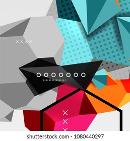 Color 3d geometric composition poster. Vector illustration of colorful triangles, pyramids, hexagons and other shapes on grey background