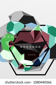 Color 3d geometric composition poster. Vector illustration of colorful triangles, pyramids, hexagons and other shapes on grey background