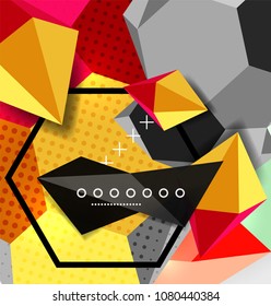 Color 3d geometric composition poster. Vector illustration of colorful triangles, pyramids, hexagons and other shapes on grey background