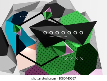 Cartel de composición geométrica en 3d de color. Ilustración vectorial de triángulos coloridos, pirámides, hexagones y otras formas sobre fondo gris