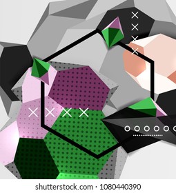 Color 3d geometric composition poster. Vector illustration of colorful triangles, pyramids, hexagons and other shapes on grey background