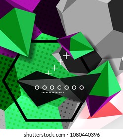 Color 3d geometric composition poster. Vector illustration of colorful triangles, pyramids, hexagons and other shapes on grey background